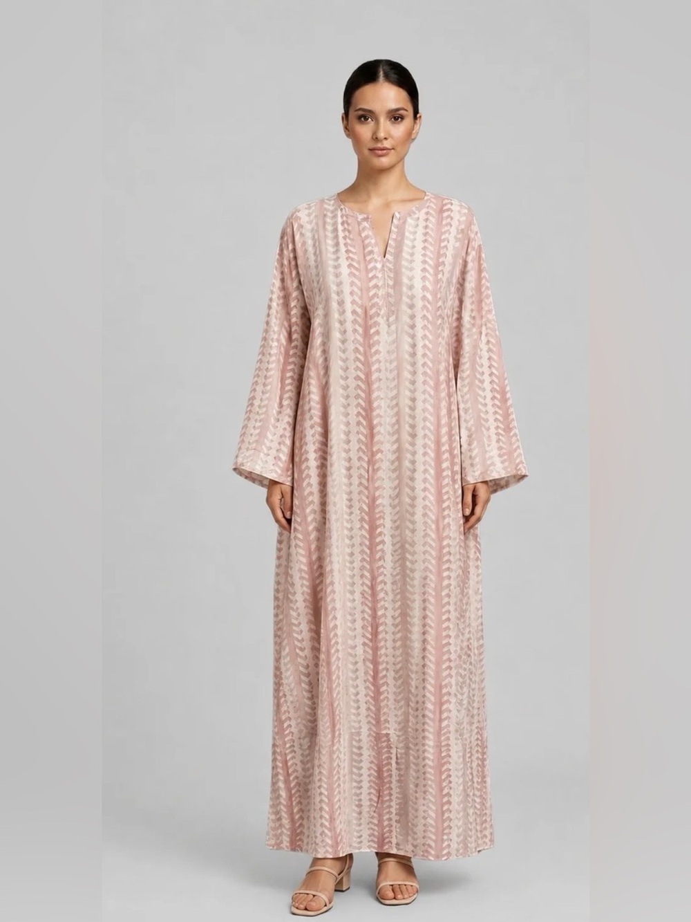 LEENODA NWOT Loose Kaftan Cotton V Neck Long Sleeve Chevron Print ONE SIZE